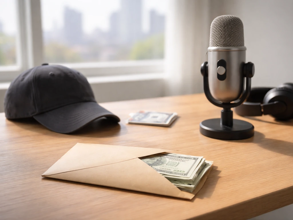 Minimal photo of a tidy desk with a microphone, baseball cap, and cash envelope suggesting income streams
