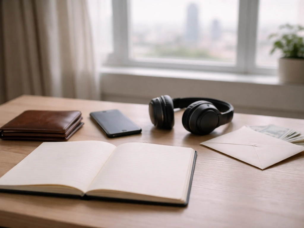 Minimal home office desk with wallet, phone, headphones, and daylight city view suggesting lifestyle and assets.