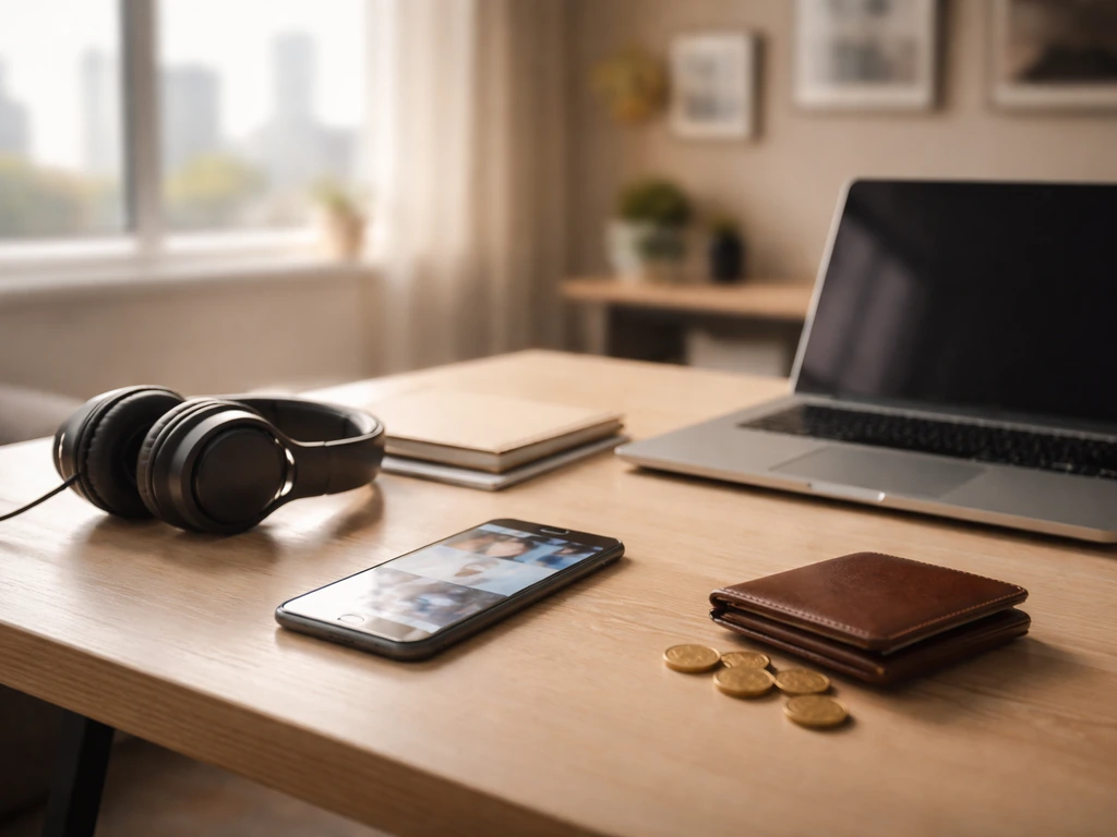 Modern media studio desk with smartphone, headset, and a subtle money-themed atmosphere representing net-worth analysis
