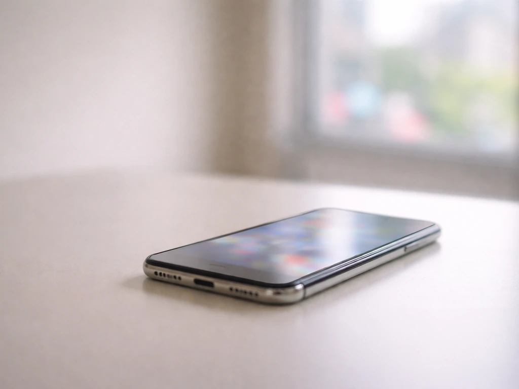 Minimal photo of a smartphone on a desk with a blurred social-media style scene in the background