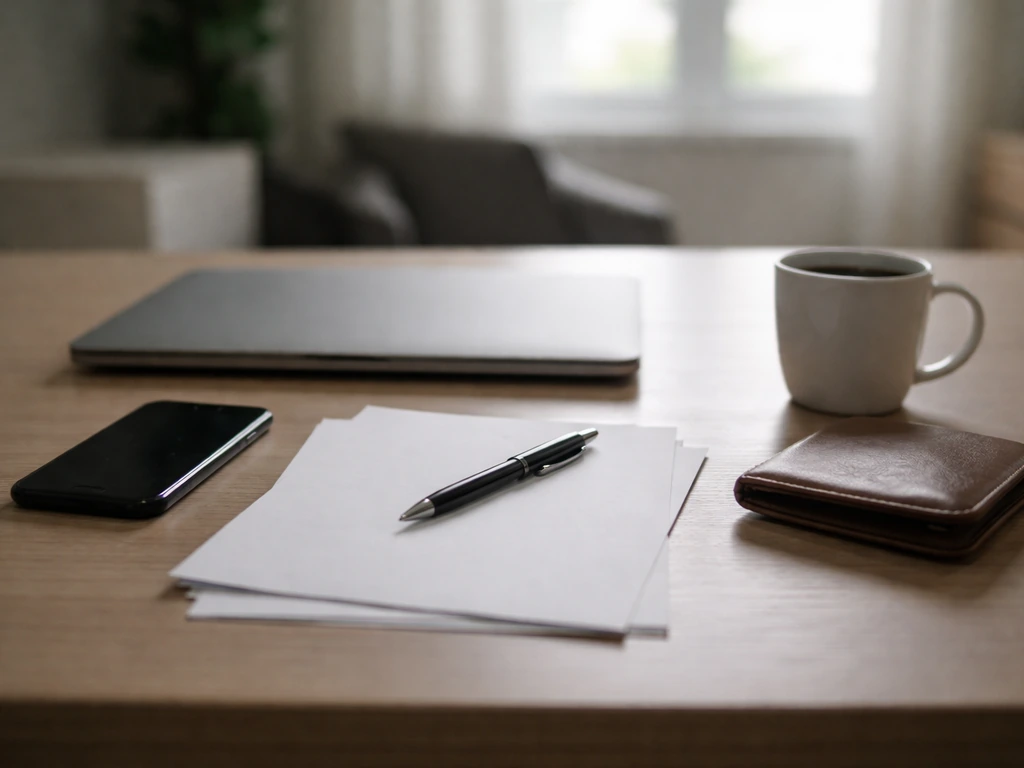 Minimal photo of a desk with a smartphone, coffee, and scattered papers representing net-worth calculation inputs