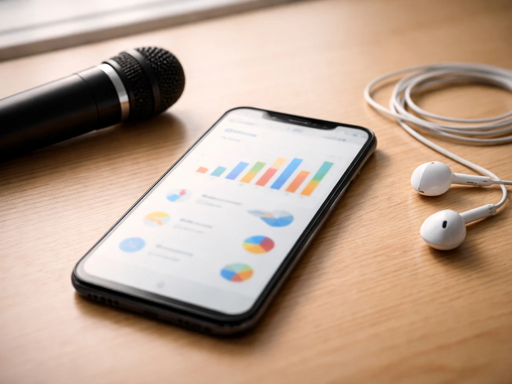 Close-up of a smartphone with blurred analytics-style icons beside a small microphone and earbuds.