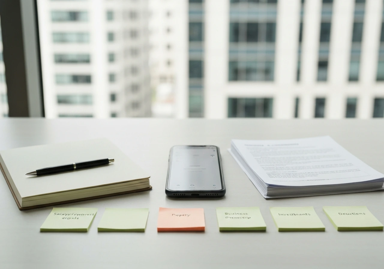 Minimal office desk scene with blank documents and sticky notes symbolizing net worth estimation inputs.