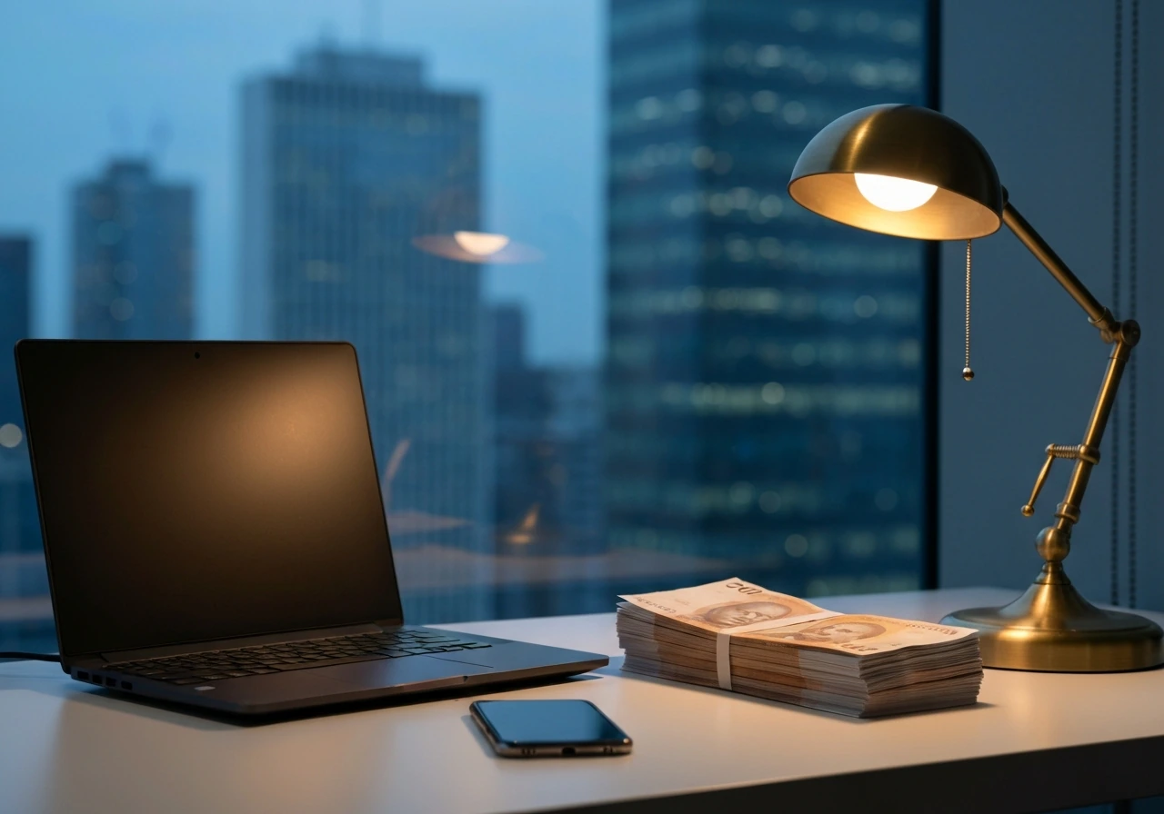 Minimal Toronto office desk scene with financial business objects and blurred city view.