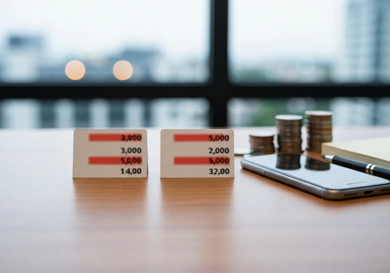 Two separate cards with blurred money numbers in a dim office, suggesting varying net worth estimates