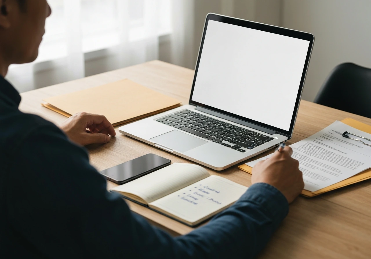 Person at desk with notebook, laptop searches, and folder—visual steps for verifying identity and sources.