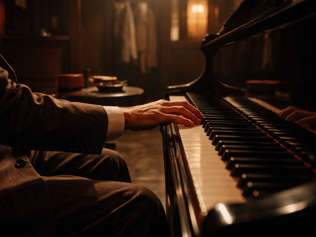 Anonymous hands at a grand piano with vintage cigar business cues in a softly blurred background.