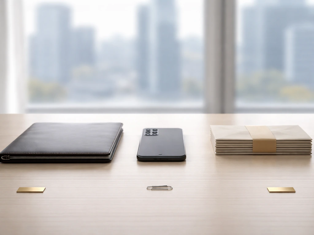 Minimal desk scene with financial objects suggesting a net worth range and a central highlighted figure.