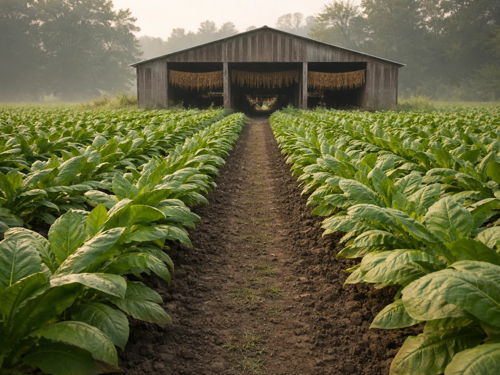 Minimal tobacco field with an open wooden curing barn and hanging leaves, no people.