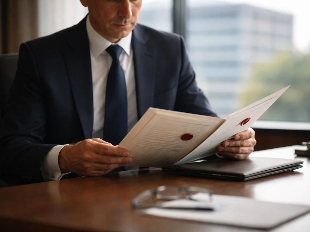 Anonymous suited executive reviewing official documents in a quiet corporate office by a window.