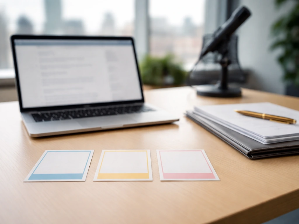 Minimal office desk with blurred laptop and three blank bordered cards symbolizing identity disambiguation.