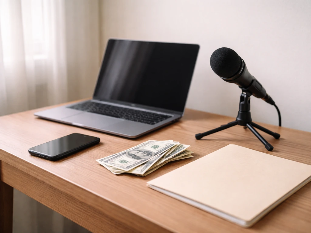 Minimal desk scene with laptop, microphone, and money suggesting income and net worth estimation