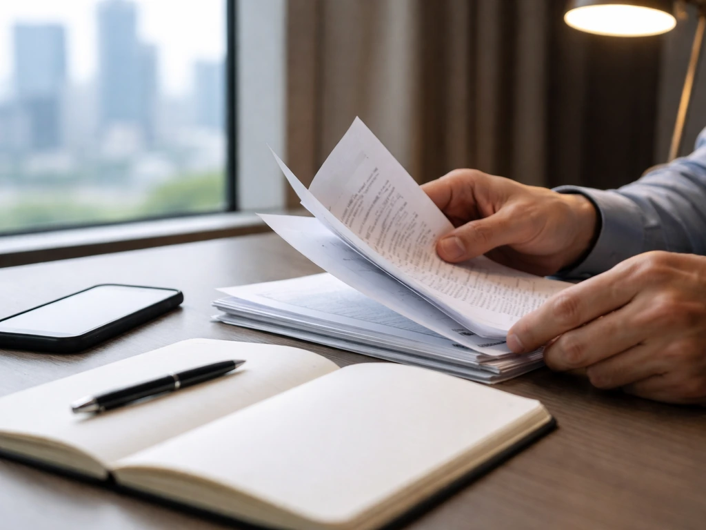 Hands reviewing corporate filings on a desk beside a phone, with a city view in soft focus.