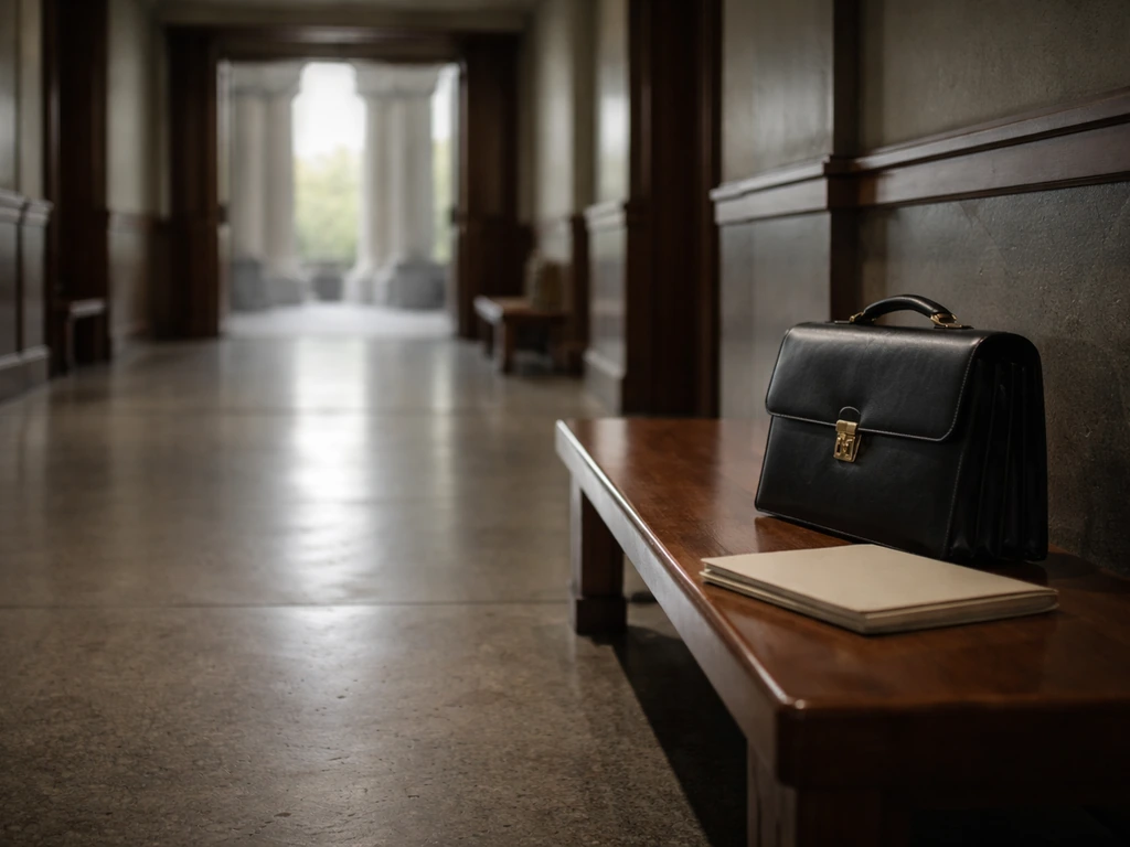 Briefcase on a bench in a government-style hallway, with courthouse-like columns in soft blur