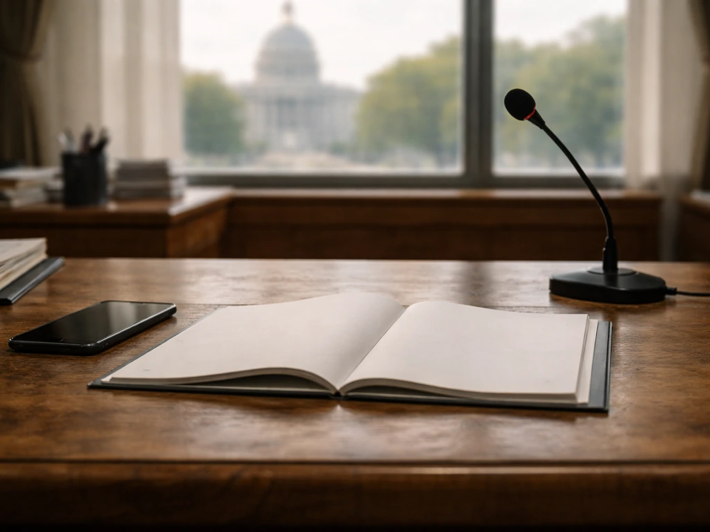 Minimal office desk with microphone and blurred civic building, symbolizing public-profile identity searches.
