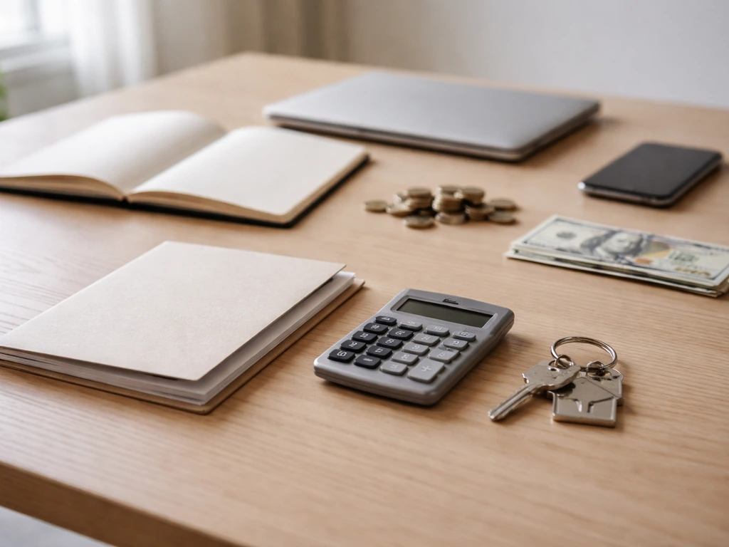 Minimal office desk showing coins, cash, blank notebook, laptop, and a folder symbolizing income streams.