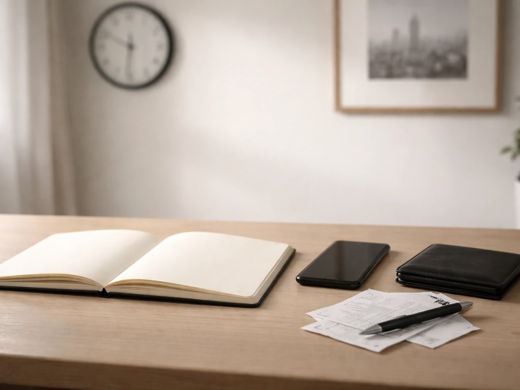 Minimal home-office desk with notebook, wallet, phone, and pen symbolizing career-to-wealth inflection points.