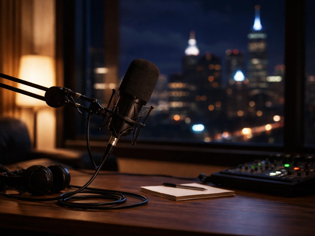 Warm radio studio scene with a foreground microphone and a blurred nighttime city view