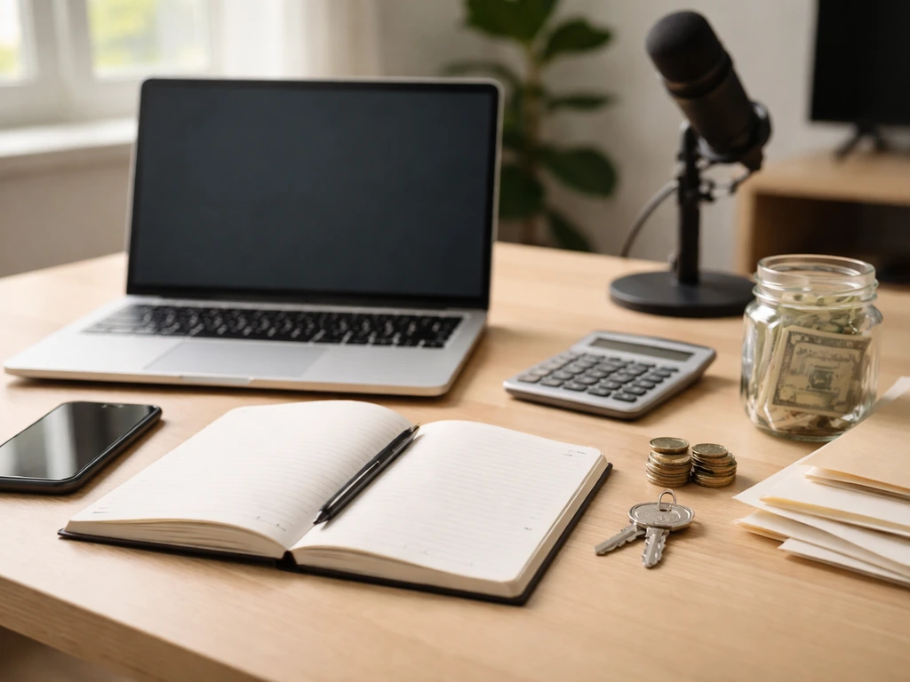 Minimal desk scene with calculator, smartphone, and money-themed items symbolizing net worth estimation inputs