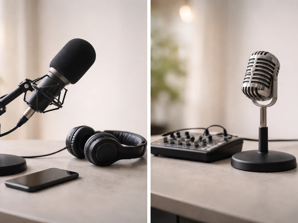 Split desk photo: podcast mic and headphones on one side, broadcast mic and mixer on the other.