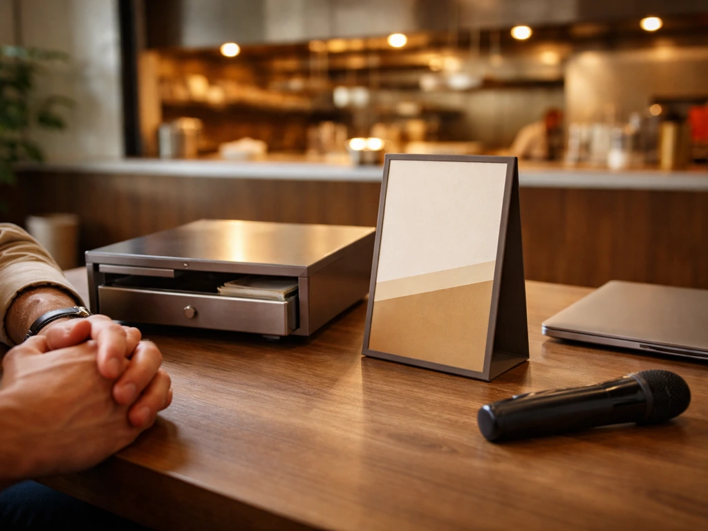 Anonymous hands at a desk with a cash drawer and a microphone, blurred restaurant kitchen background.