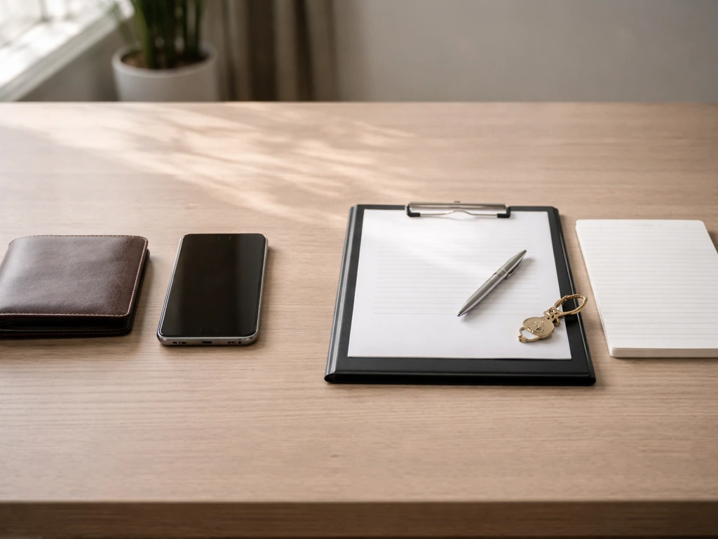 Minimal desk scene with wallet/phone and contract/folder/keychain suggesting net-worth estimation inputs.