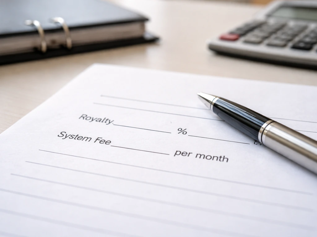 Close-up of a franchise agreement page with handwritten fee lines and a pen over a simple business desk.