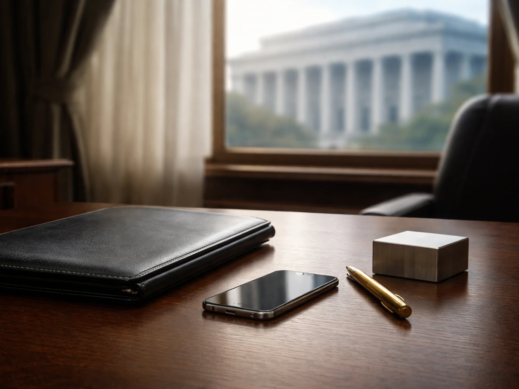 Minimal office desk scene with portfolio and pen, symbolizing an official political wealth profile analysis.