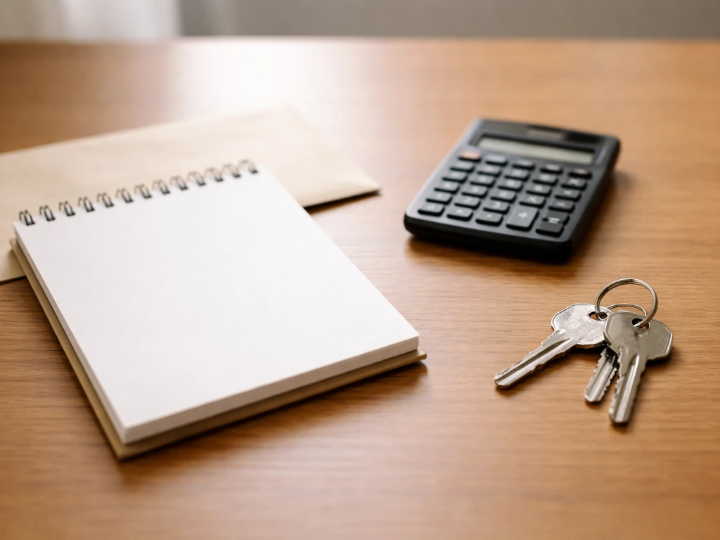 Minimal close-up of a blank notepad beside a calculator and keys on a wooden desk, symbolizing income sources