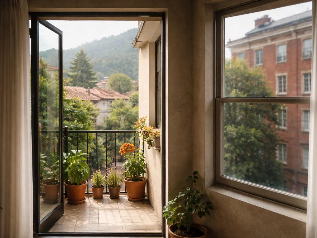 Sunlit apartment balcony interior with windows showing quiet residential buildings in two cities.