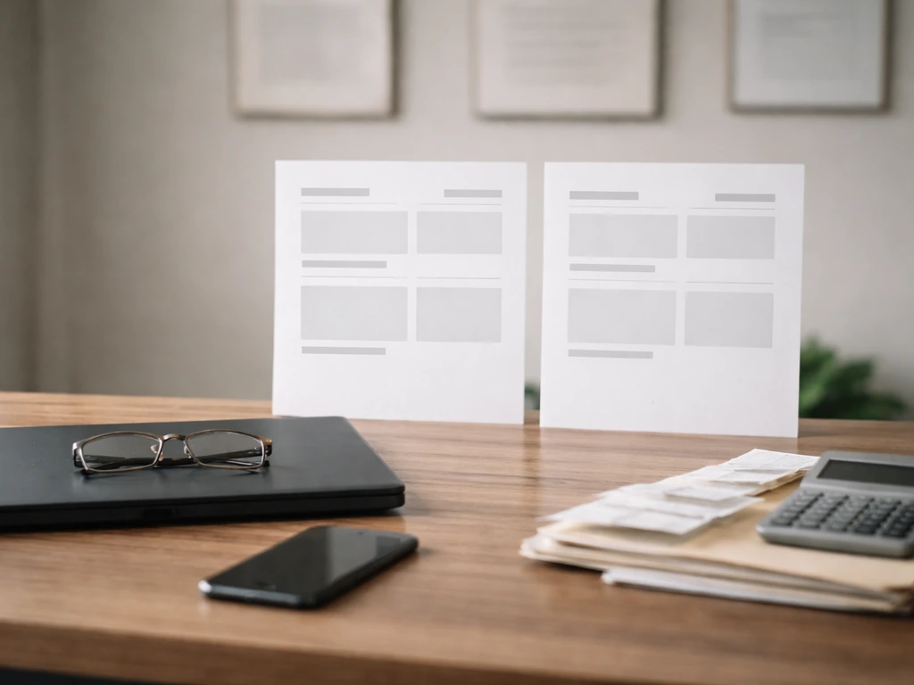 Minimal office desk scene with laptop, phone, and blank papers suggesting conflicting money estimates.