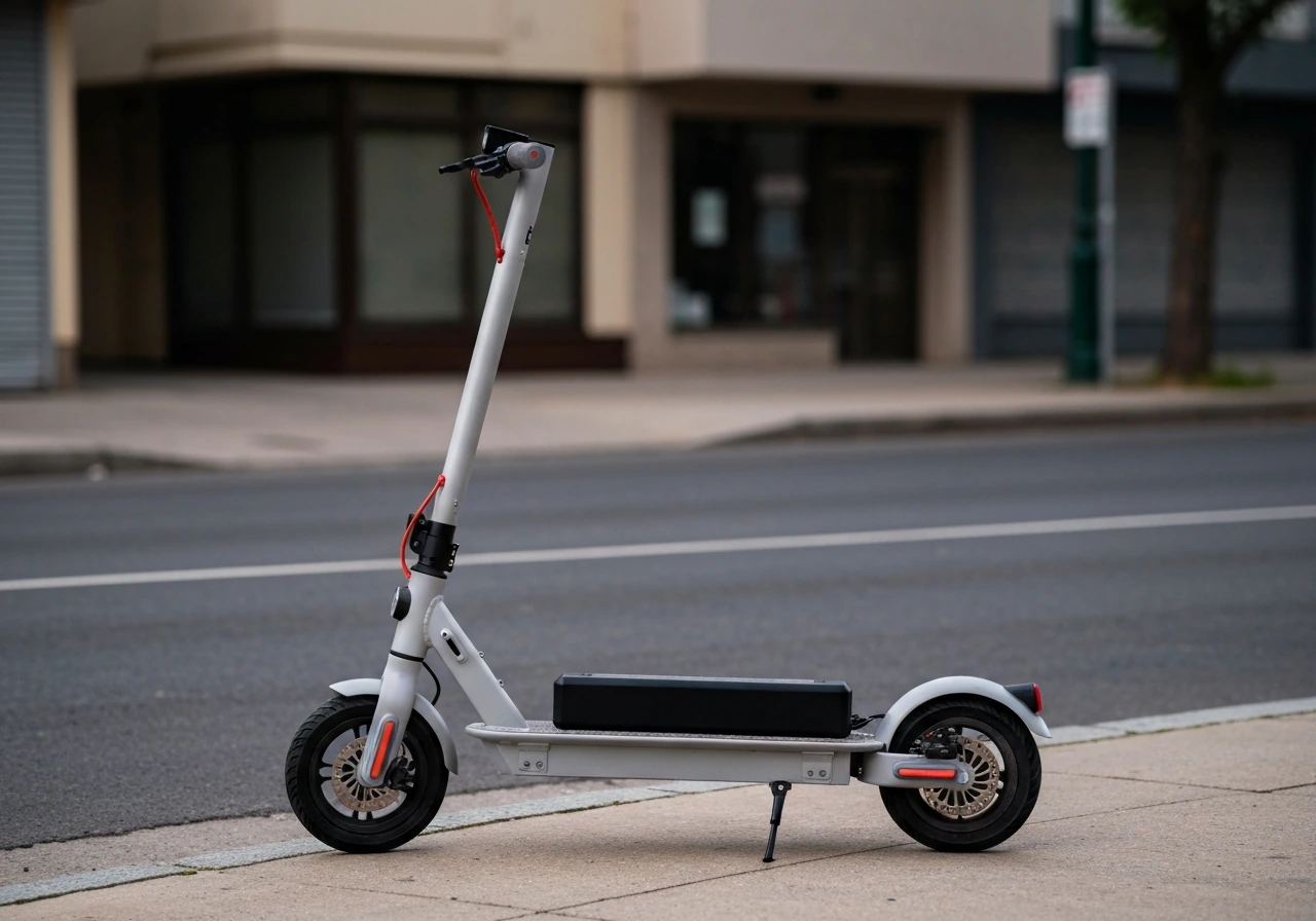 Electric VibeRide-style scooter parked on a quiet street near a curb at golden hour