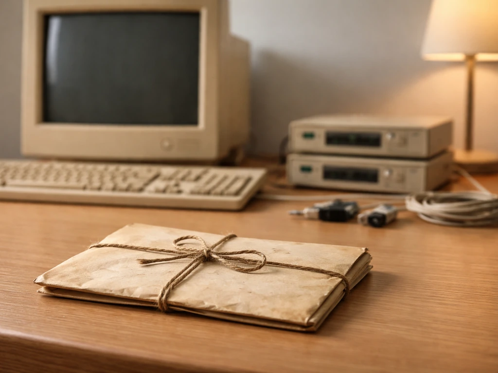 A minimalist desk with vintage networking gear and a worn 1999-era business envelope, suggesting the Broadcast.com sale.
