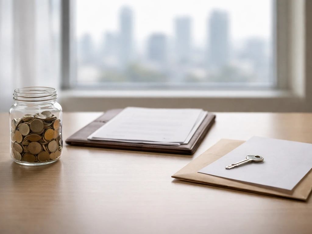 Minimal desk scene with cash and investment items beside a plain envelope, symbolizing assets minus liabilities.