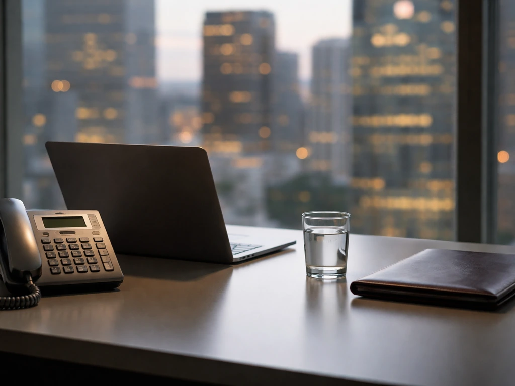 Minimal finance desk scene with laptop, portfolio, and blurred city skyline at dusk.