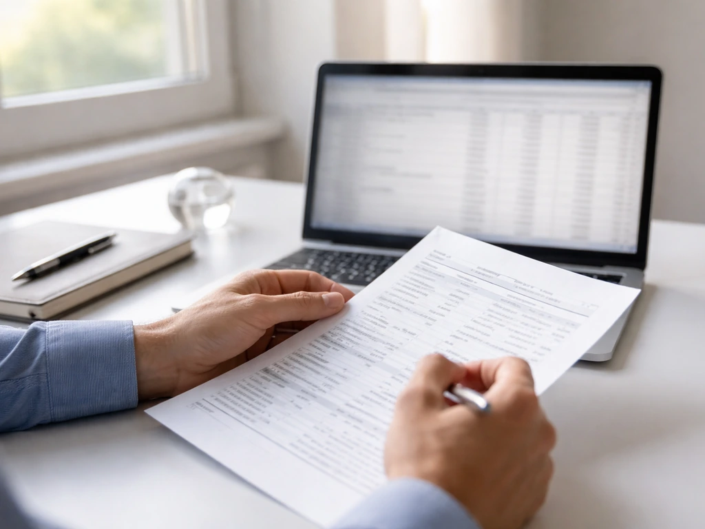 Hands reviewing financial documents and a laptop with portfolio-style spreadsheets in a quiet office