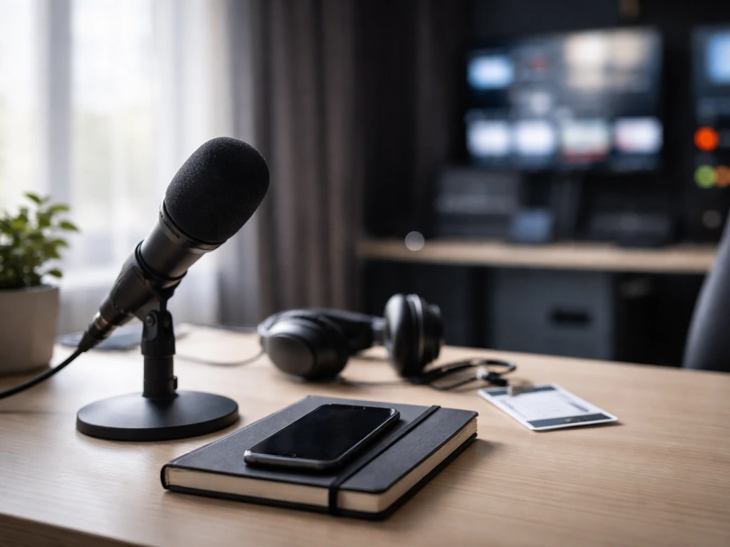 Unoccupied media studio desk with microphone and notebook, symbolizing public-profile identity confirmation context.
