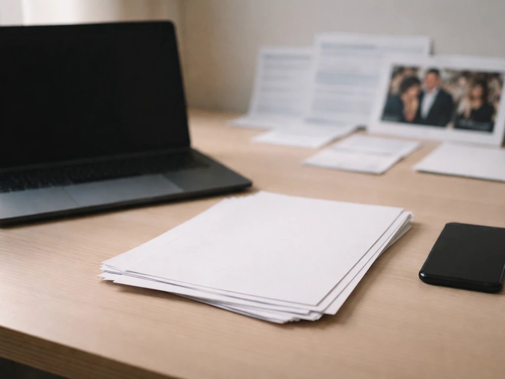 Minimal finance desk with laptop, smartphone, and blurred source papers suggesting net-worth source comparison.
