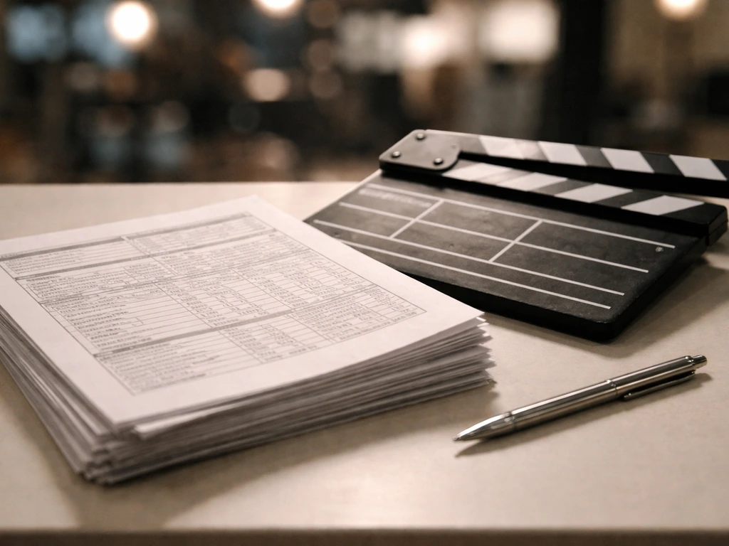 Close-up of TV production call sheet, studio slate, and a pen on a desk with soft daylight