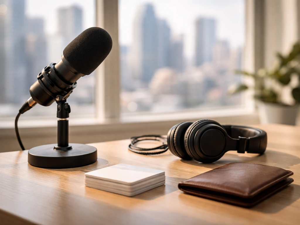 Minimal studio desk with microphone, headphones, wallet, and blurred city skyline suggesting media-based income