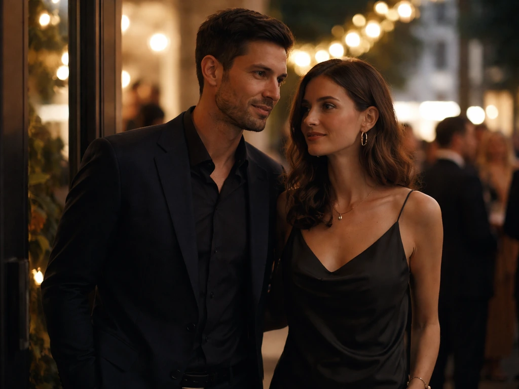 An elegantly dressed couple at a softly lit public event entrance, candid moment in minimal scene.