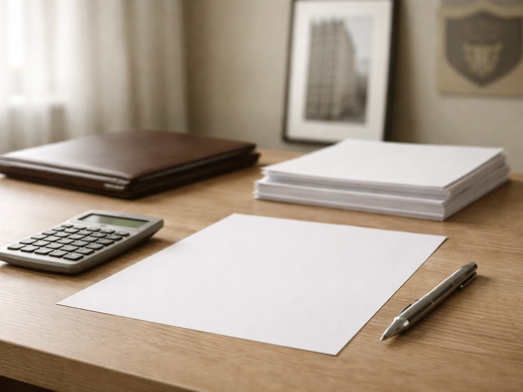 Minimal desk scene with scattered folders, a calculator, and a pen, symbolizing assets minus liabilities