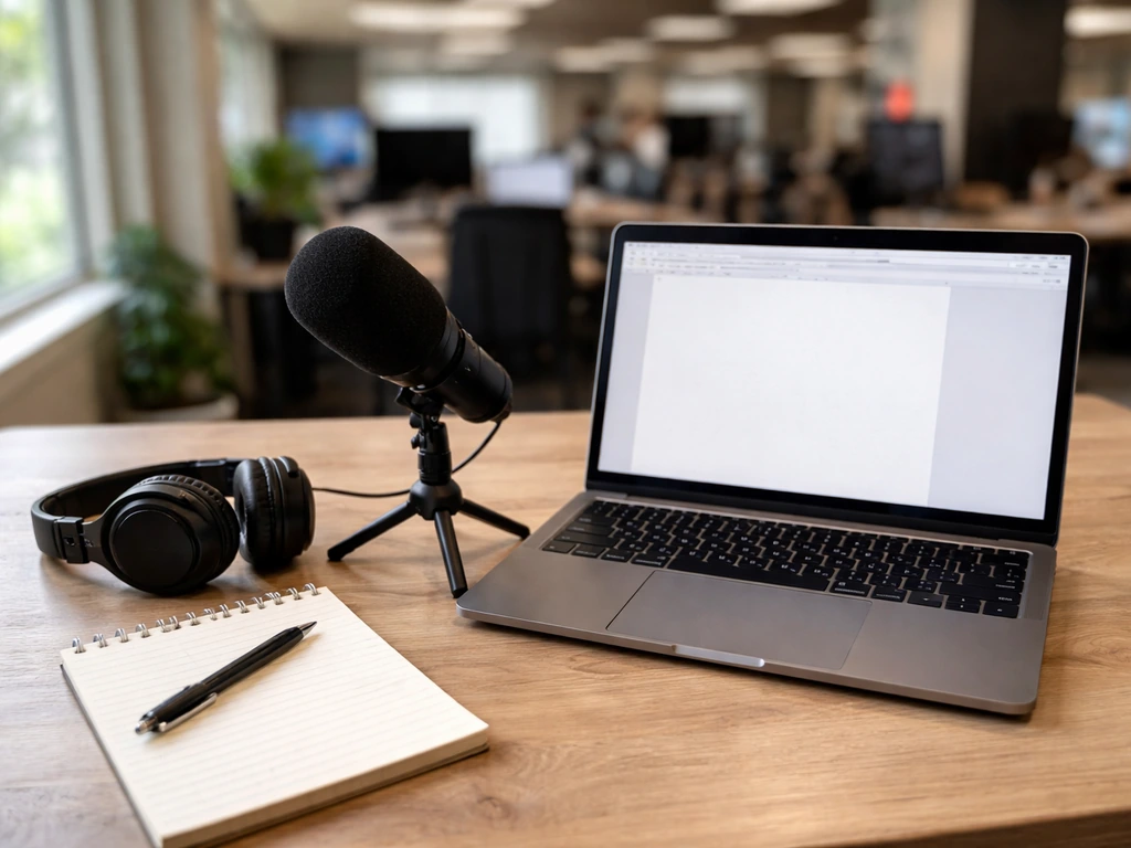 Anonymous newsroom desk scene with laptop, microphone, and headphones, suggesting multimedia journalism work.