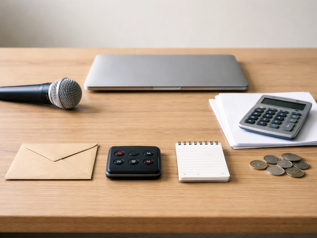 Unbranded media desk with microphone, laptop, calculator, and coins suggesting pay and industry benchmarks