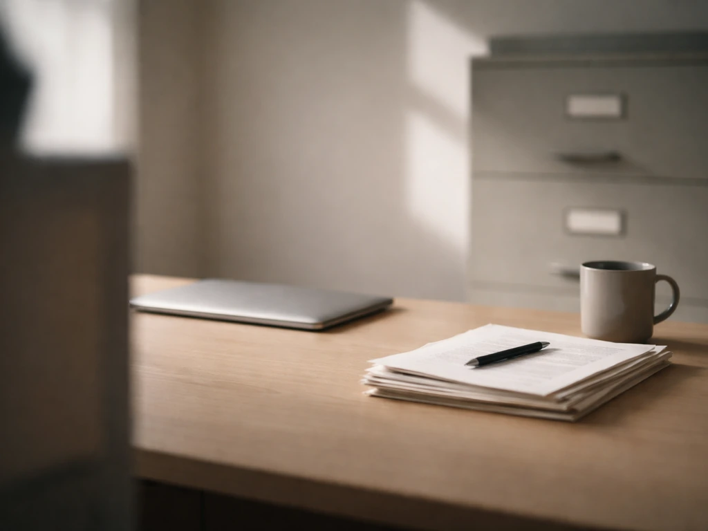 Minimal desk with blurred blank property-record folder, suggesting missing verified luxury disclosures.