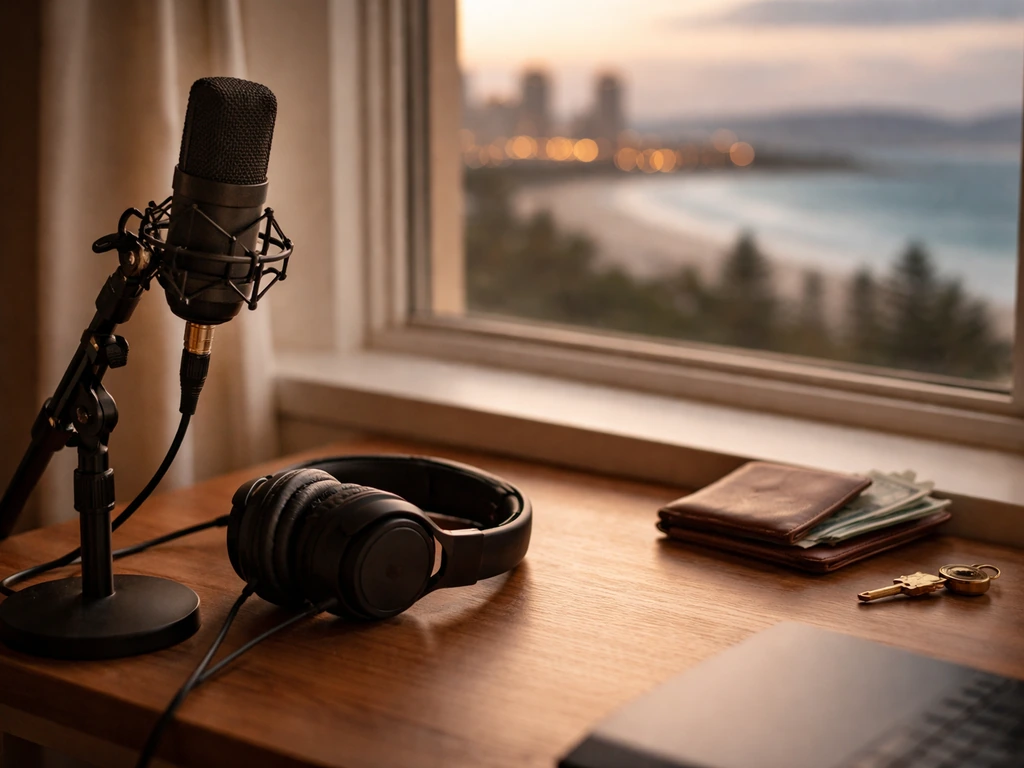 Minimal studio scene with music gear and a hint of wealth symbolism, representing an Australian singer’s media profile.