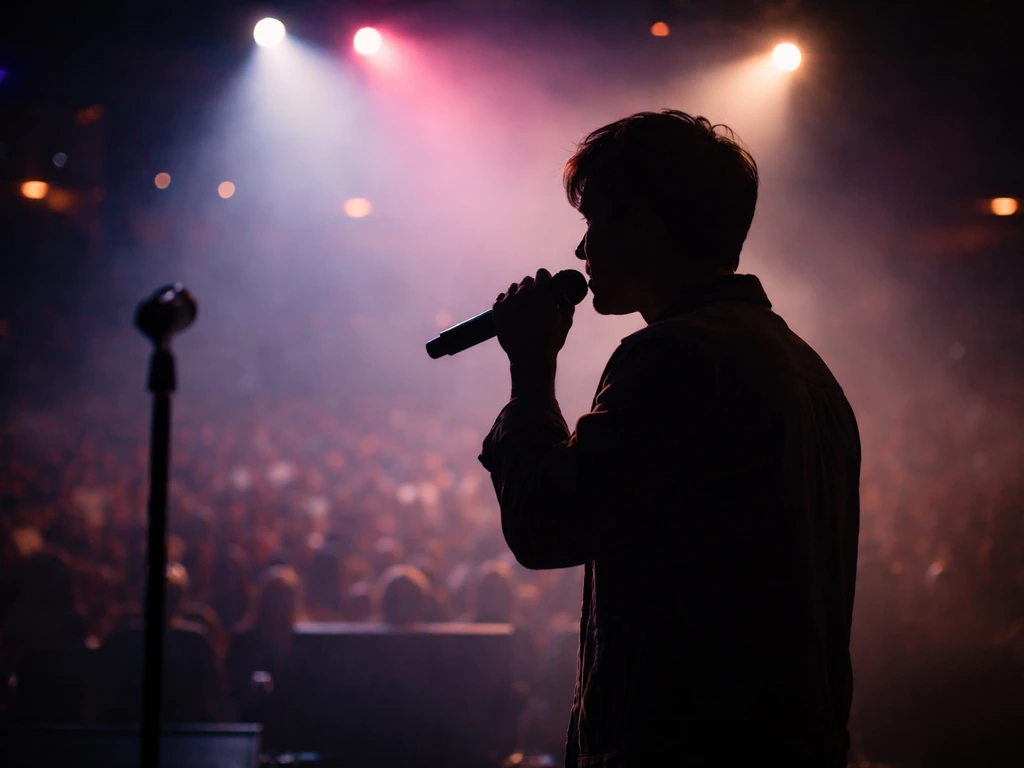 Side silhouette of a singer with a microphone under colorful stage lights in a dark theater.