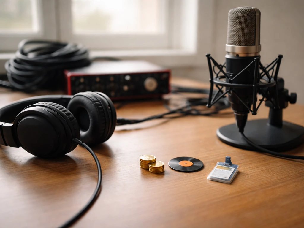 Music studio recording gear with headphones and microphones, symbolizing estimated income categories.
