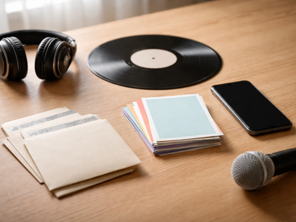 Minimal desk scene with vinyl, headphones, and a small stack of tour-style cards suggesting music income streams.