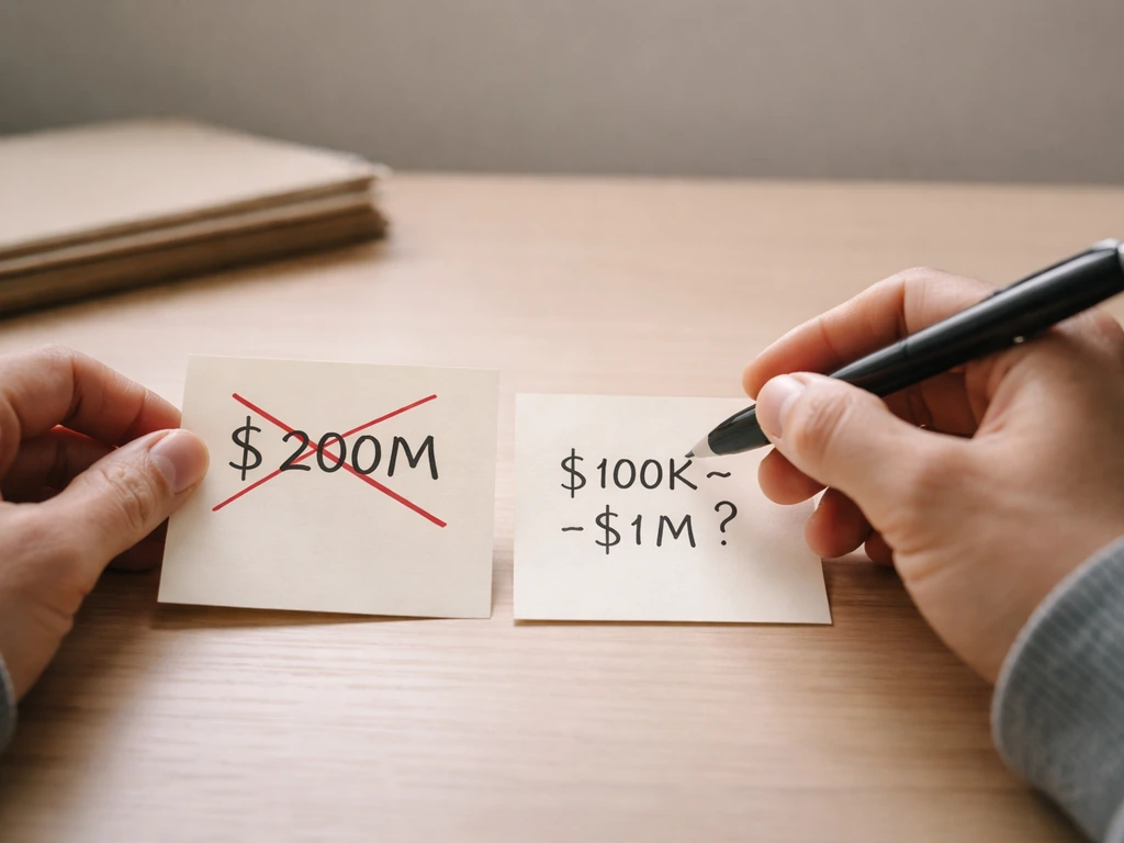 Minimal desk scene with a marked crossed-out large amount and a small handwritten range note in soft focus